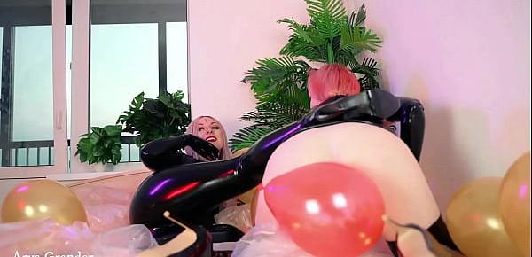  Air Balloon Looner Hot Fetish 2 Lesbians in tight shiny rubber clothes having fun